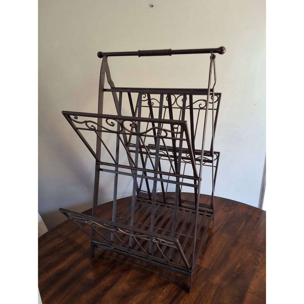 Vintage Wrought Iron Magazine Rack Scrollwork A-Frame Metal Book Holder Bronze